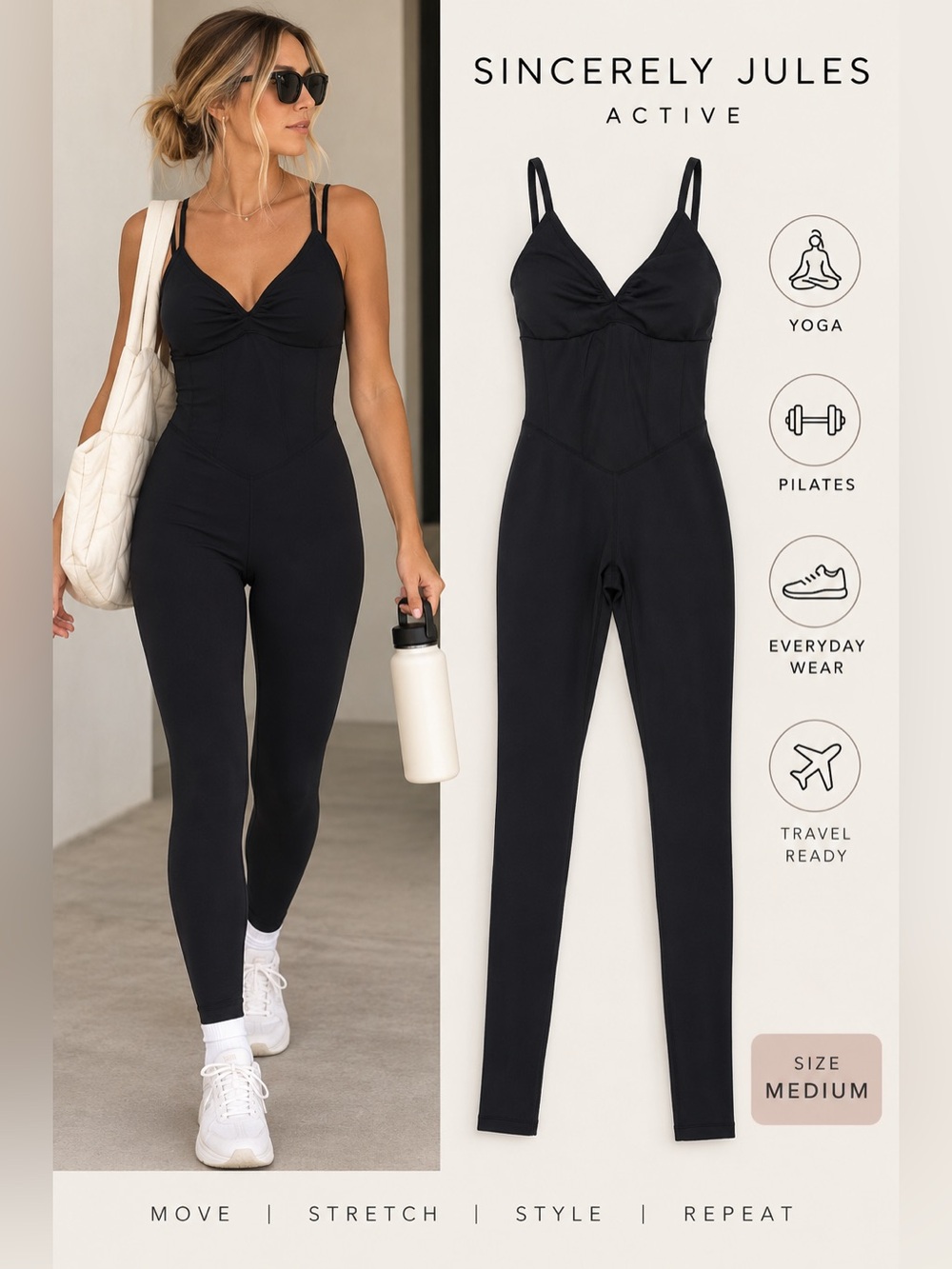 Sincerely Jules Active Black Jumpsuit Medium Ruched Bust Yoga Pilates Unitard